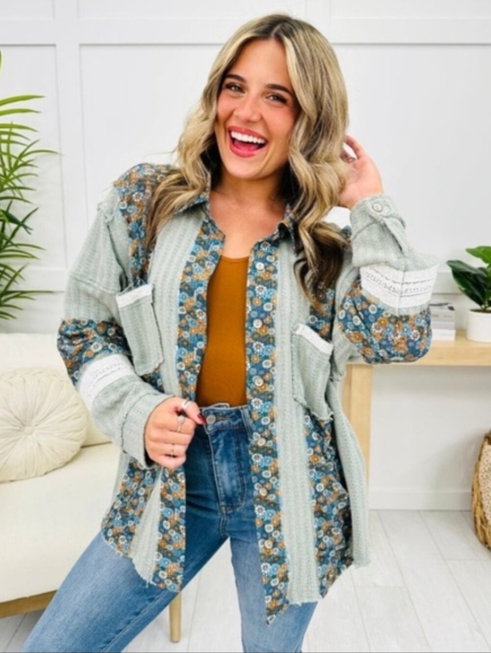 NEW!!! POL Women's Sage Floral Patchwork Button-Up Shirt Jacket, Sz Large - Picture 2 of 4
